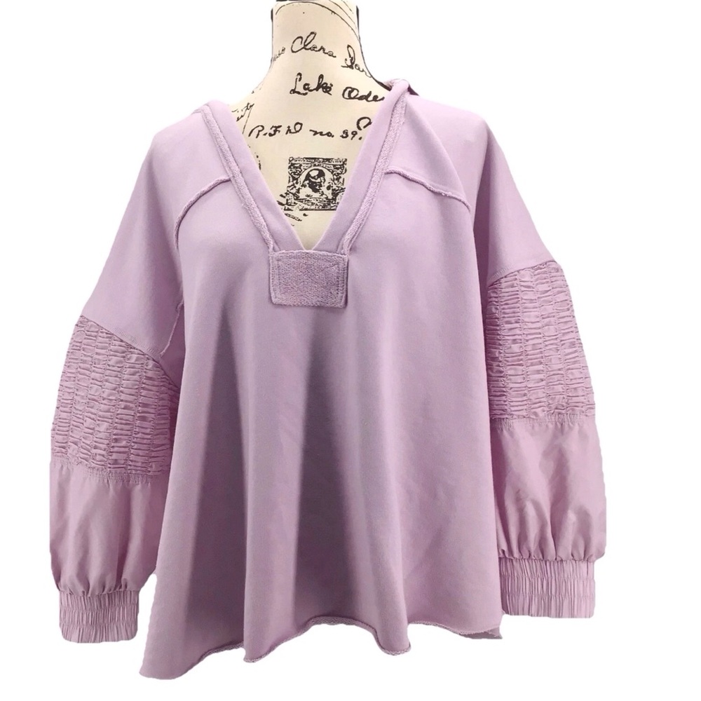 FP Movement Womens Cotton Cropped Satin Smocked Sleeve Hoodie Purple Size Large